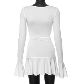 Long flared sleeve ruched v neck solid mini dress
