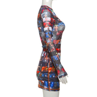 Crewneck long sleeve print stitch mini skirt set