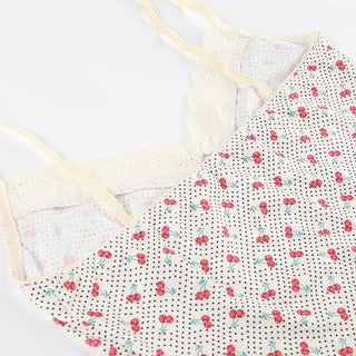 V neck cherry print bowknot lace hem polka dot cami top