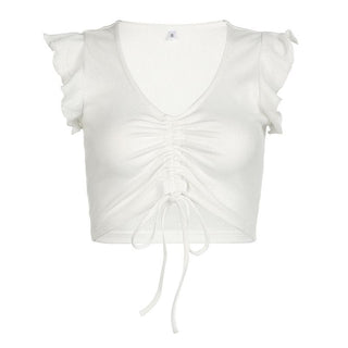 Cap sleeve drawstring ruched ribbed crop top