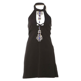 Halter hollow out metal chain gemstone pendant cut out mini dress