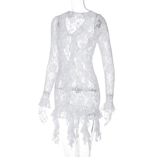 Long flared sleeve ruffle lace see through mini dress