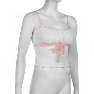 Ruched lace hem bowknot ruffle cami top