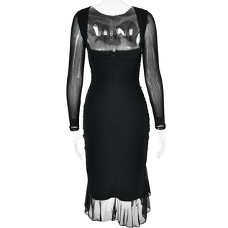 Mesh ruched zip-up long sleeve backless ruffle midi dress