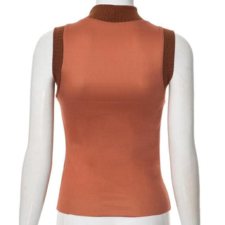 High neck sleeveless knitted patchwork print top