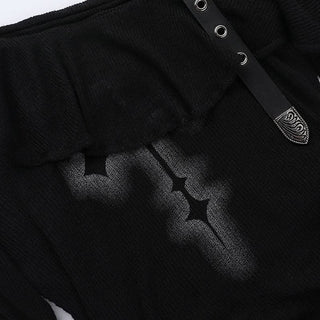 Off shoulder long sleeve ruffle cross pattern buckle top