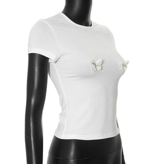 Short sleeve butterfly embroidery crop top