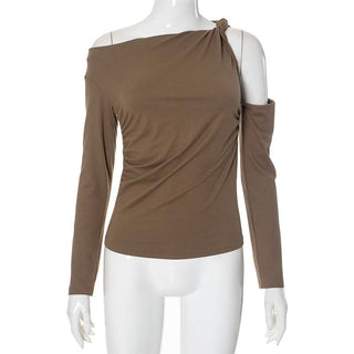 Hollow out long sleeve ruched one shoulder knotted cut out top