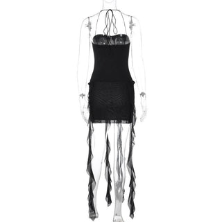 Halter ruffle sweetheart neck solid backless mini dress