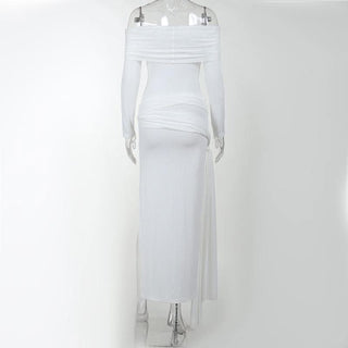 Cross front solid long sleeve off shoulder slit self tie maxi dress-final-sale