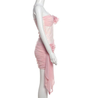 One shoulder lace mesh flower applique mini dress