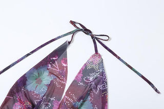 Halter cowl neck beaded sheer mesh print mini dress