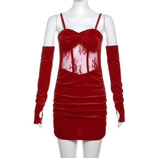 Velvet gloves ruched mesh backless cami mini dress