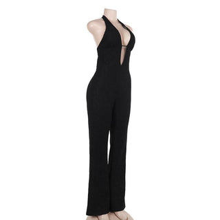 Halter self tie deep V neck lace backless jumpsuit