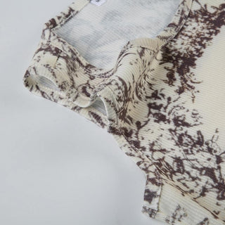 Sleeveless u neck print ribbed top