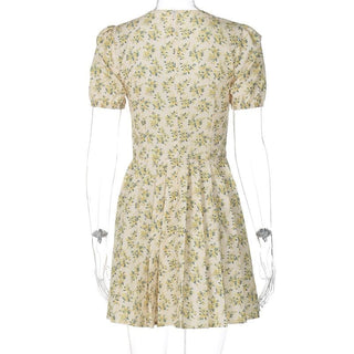 Short puff sleeve pleated zip-up flower print mini dress