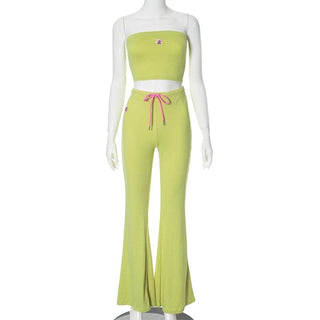 Flower embroidery drawstring ruched tube pant set