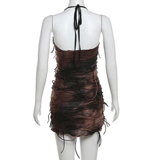 Halter tie dye v neck tassels mini dress