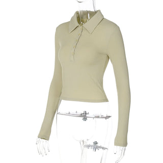 Turnover collar long sleeve button top