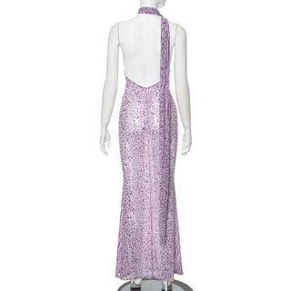 Halter leopard print sheer mesh backless maxi dress