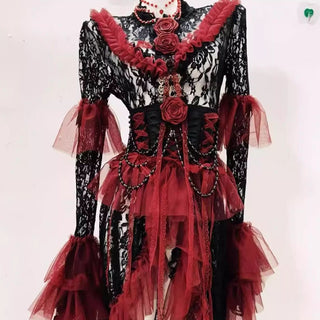 Long flared sleeve lace flower applique ruffle midi dress