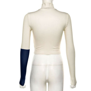 High neck print long sleeve contrast crop top