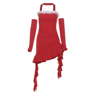 Halter ruffle fluffy gloves mini dress