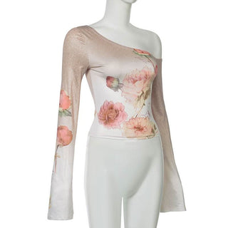 Long sleeve one shoulder flower print gradient top