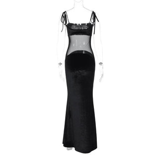 Self tie mesh patchwork backless velvet solid cami maxi dress