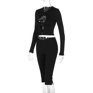 Long sleeve hollow out bowknot pant set