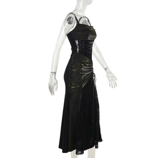 Square neck ruched lace up lace hem maxi dress