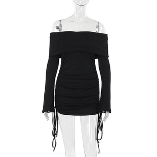 Long flared sleeve off shoulder drawstring mini dress-final-sale