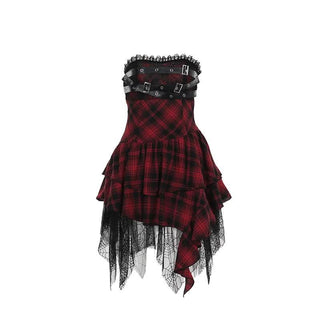 Plaid buckle ruffle spider web tube mini dress