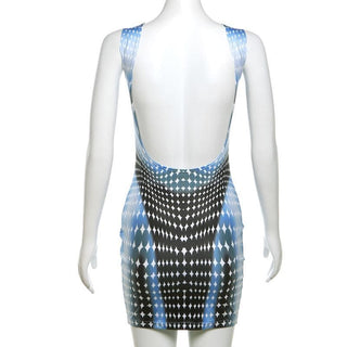 Crewneck body print backless mini dress