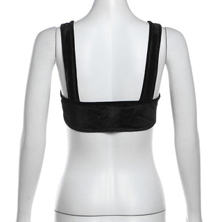 Velvet hollow out solid backless crop cut out top