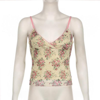 V neck lace flower print cami top