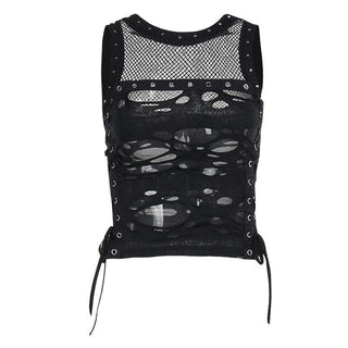 Crewneck fishnet buckle hollow out lace up tank cut out top