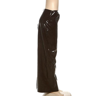 Slit PU leather zip-up brown maxi skirt