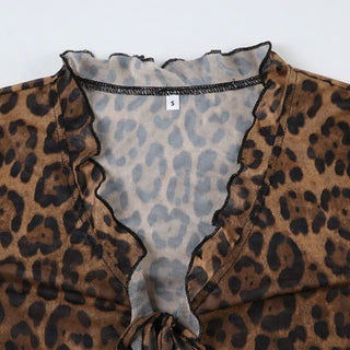 Leopard print long flared sleeve mesh ruffle self tie top