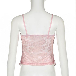 Lace patchwork ruffle ribbon mesh knotted cami top