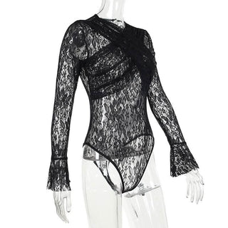 Long flared sleeve lace cross front bodysuit