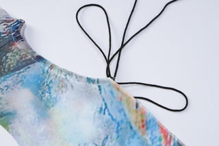 Lace up contrast flared sleeve self tie tie dye mini dress