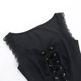Sleeveless lace up lace hem top