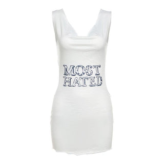 Letter print contrast cowl neck sleeveless metal chain mini dress