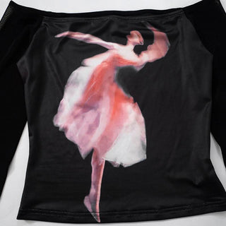 Off shoulder long sleeve character print mesh top