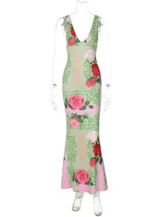 Flower print v neck cami maxi dress