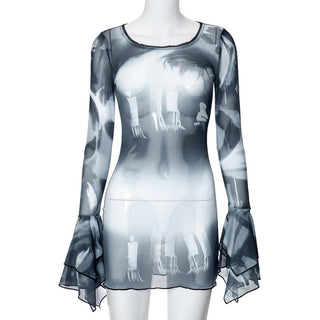 Long flared sleeve sheer mesh print ruffle mini dress