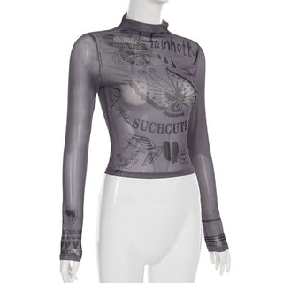 High neck long sleeve mesh butterfly print top