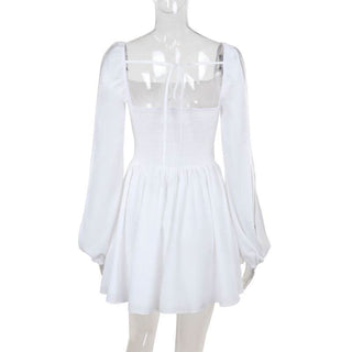 Long sleeve self tie square neck smocked mini dress
