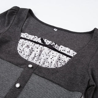 Ruffle polka dot patchwork button long sleeve contrast top